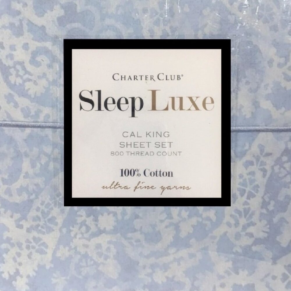 new Charter Club Sleep Luxe 800 TC Cotton CAL KING Sheet Set BLUE PAISLEY PRINT